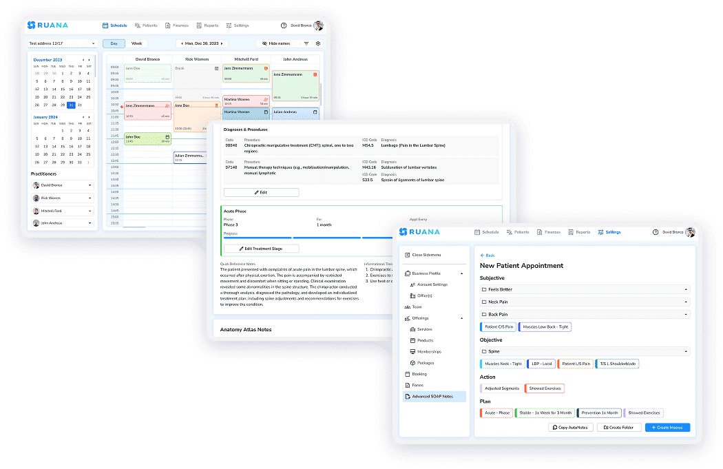 Ruana practice management software features preview — calendar, patient charting, and SOAP notes.