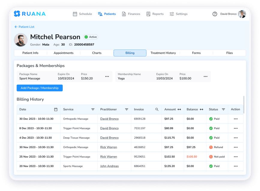 Ruana patient profile billing screen with visit history and payments