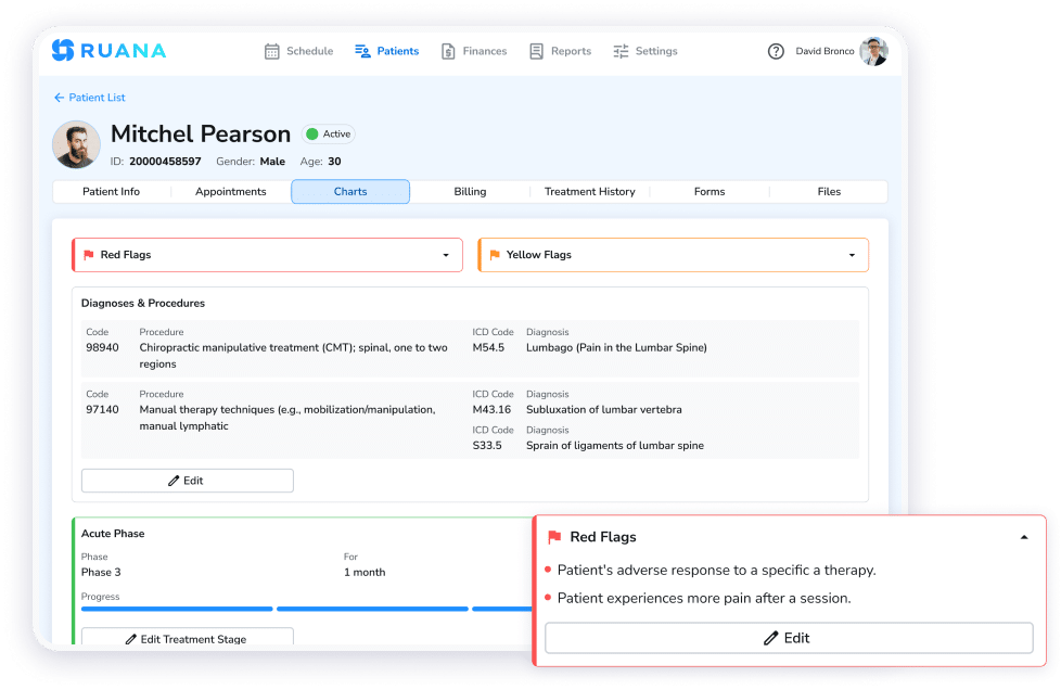 Ruana practitioner dashboard showing patient red flags and treatment notes