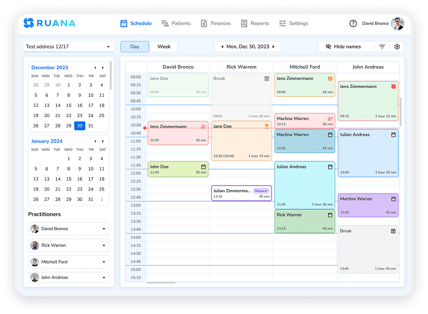 Ruana practice management software daily calendar schedule