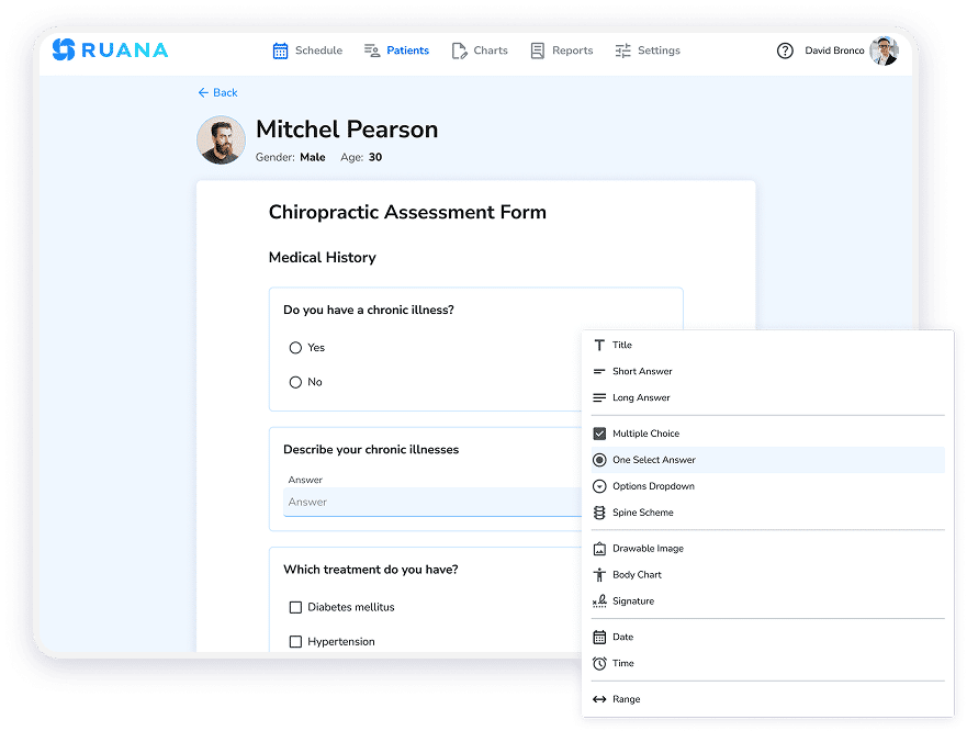 Ruana form creator interface with drag-and-drop options for building digital intake and consent forms