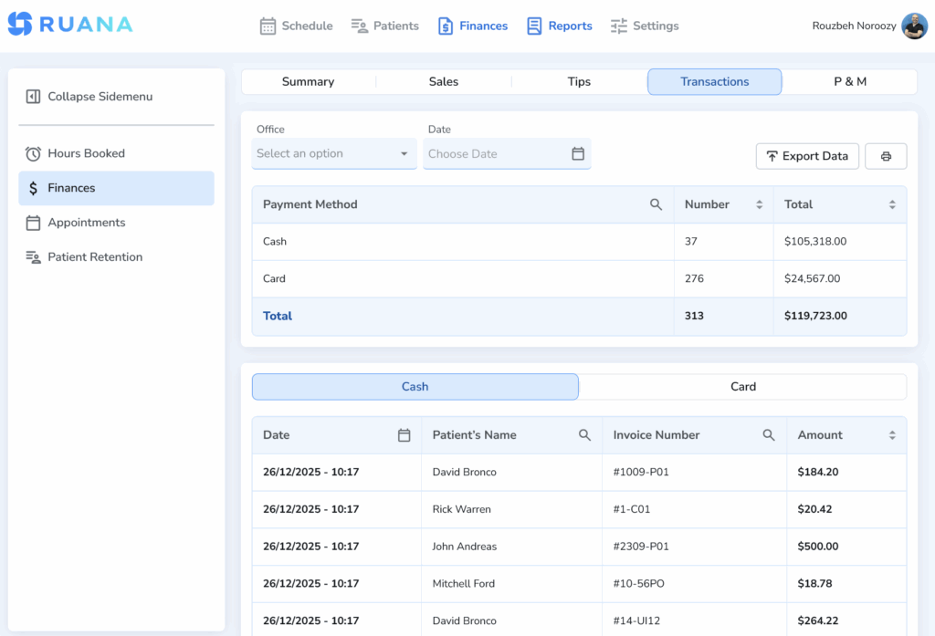Financial transactions report showing totals by payment method and a detailed list of individual cash and card payments.