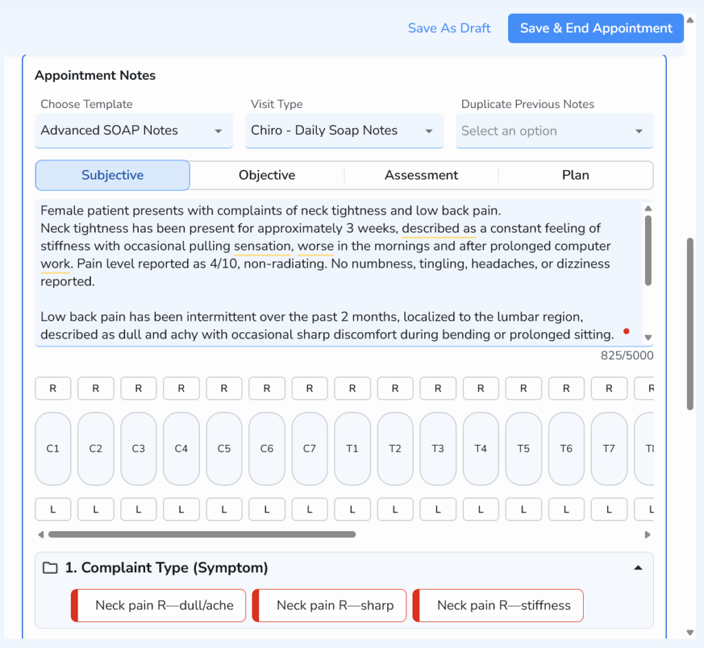 Advanced SOAP Notes interface showing structured Subjective documentation with symptom details, pain levels, spinal segment selection, and quick symptom buttons.