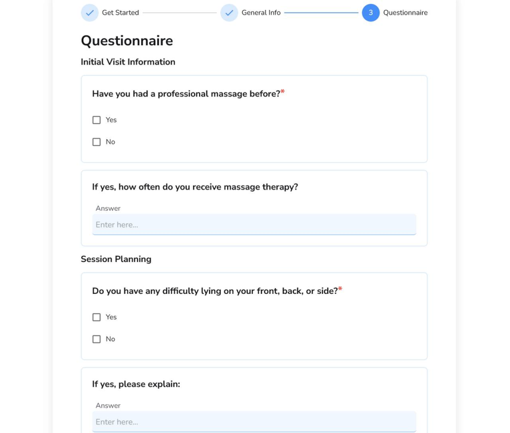 Questions for massage therapy patient intake form