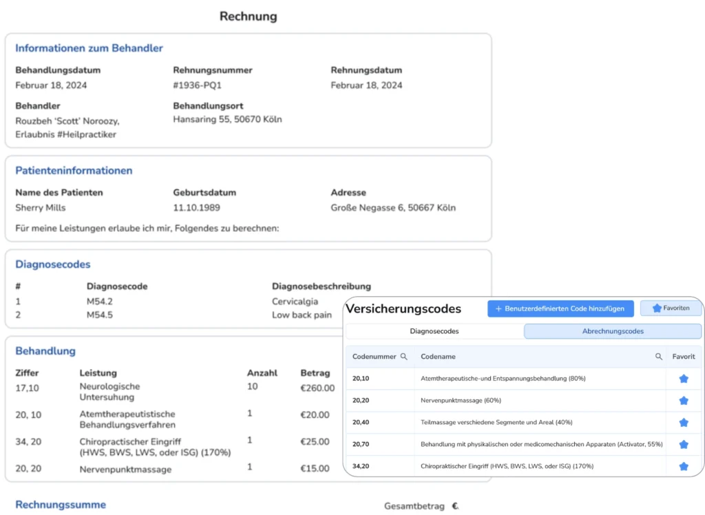 Darstellung einer medizinischen Rechnung für die Patientin Sherry Mills mit einer Liste von Leistungen sowie ein Overlay-Fenster zur Auswahl von Versicherungscodes.