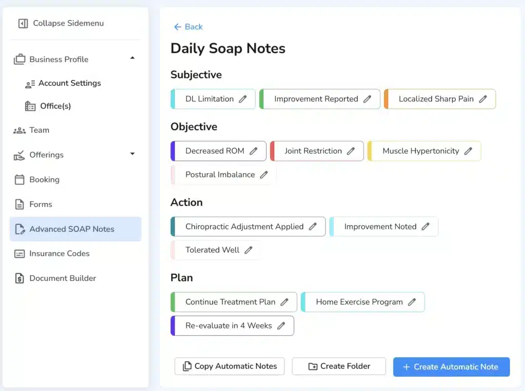 A digital SOAP note interface in Ruana with color-coded tags for Subjective, Objective, Action, and Plan categories.