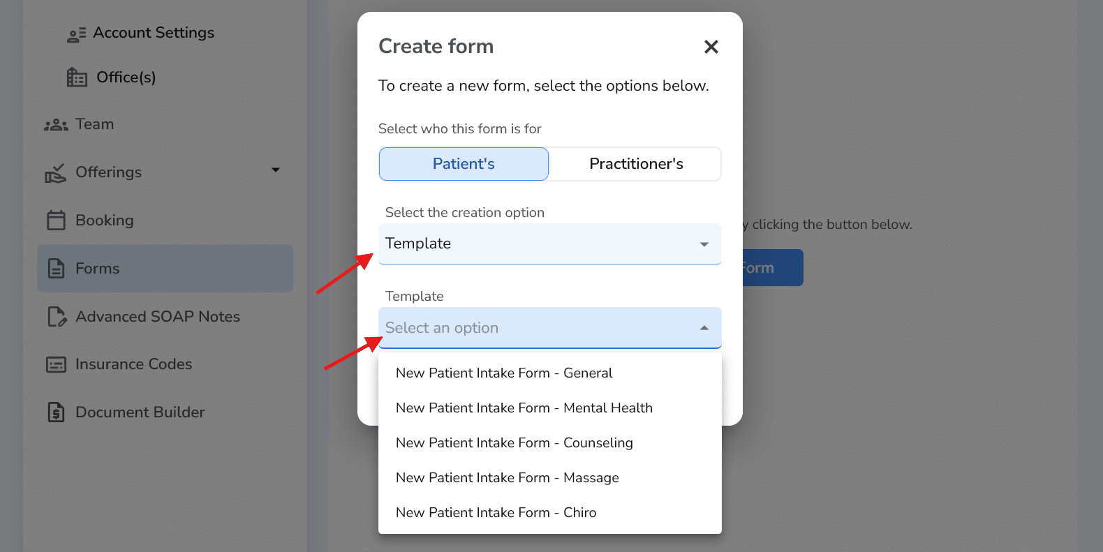 Creation option dropdown showing Template or New form
