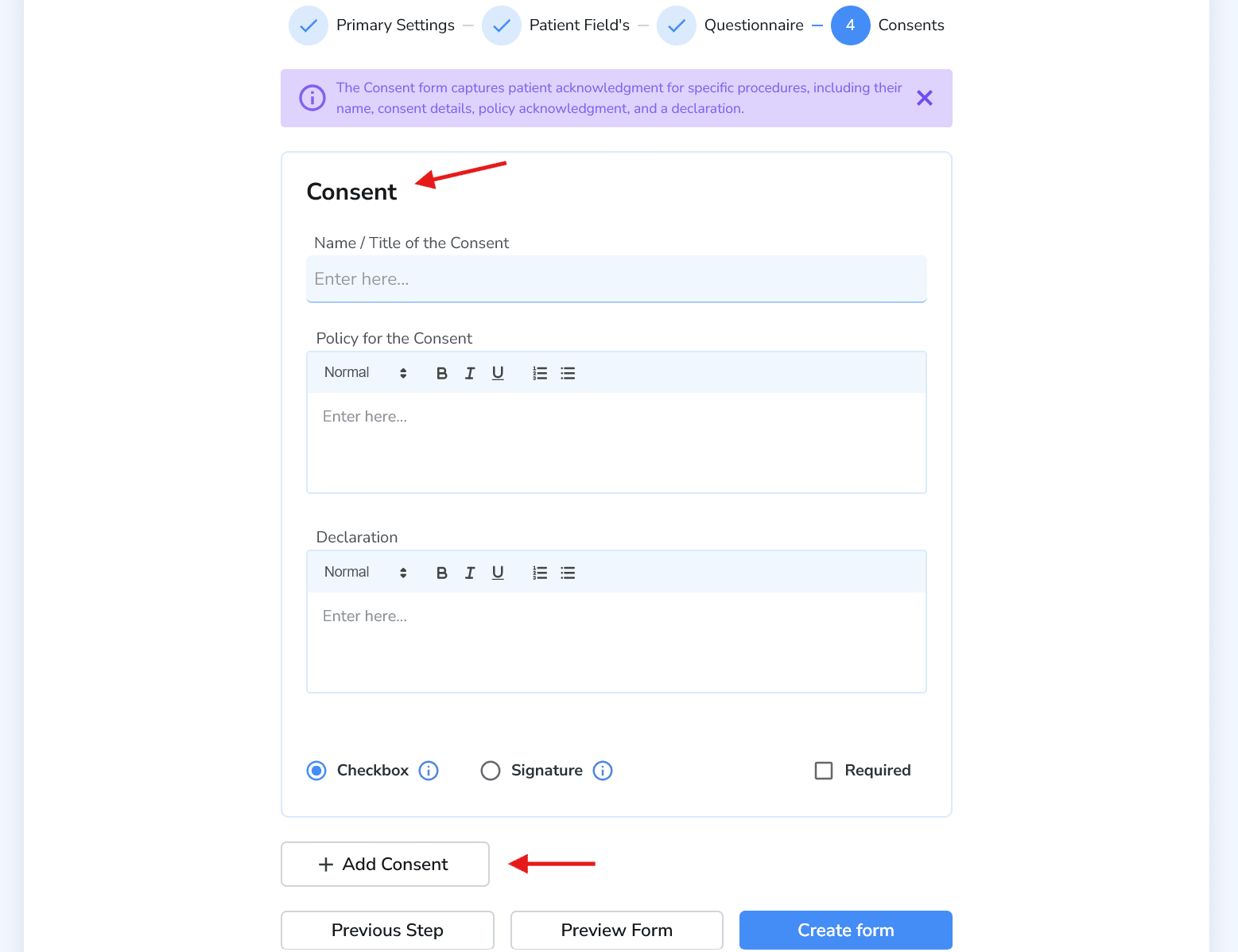 Consents step in Form Creator with preview and create options