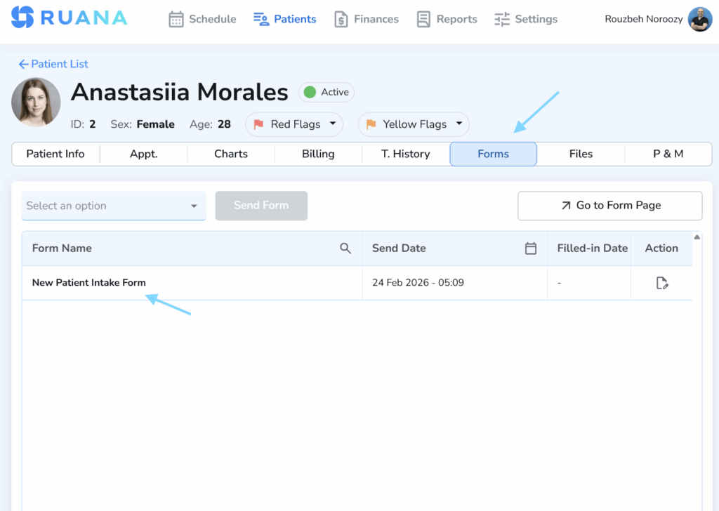 A digital patient file in Ruana for Anastasiia Morales showing the "Forms" tab with a "New Patient Intake Form" sent on Feb 24, 2026.