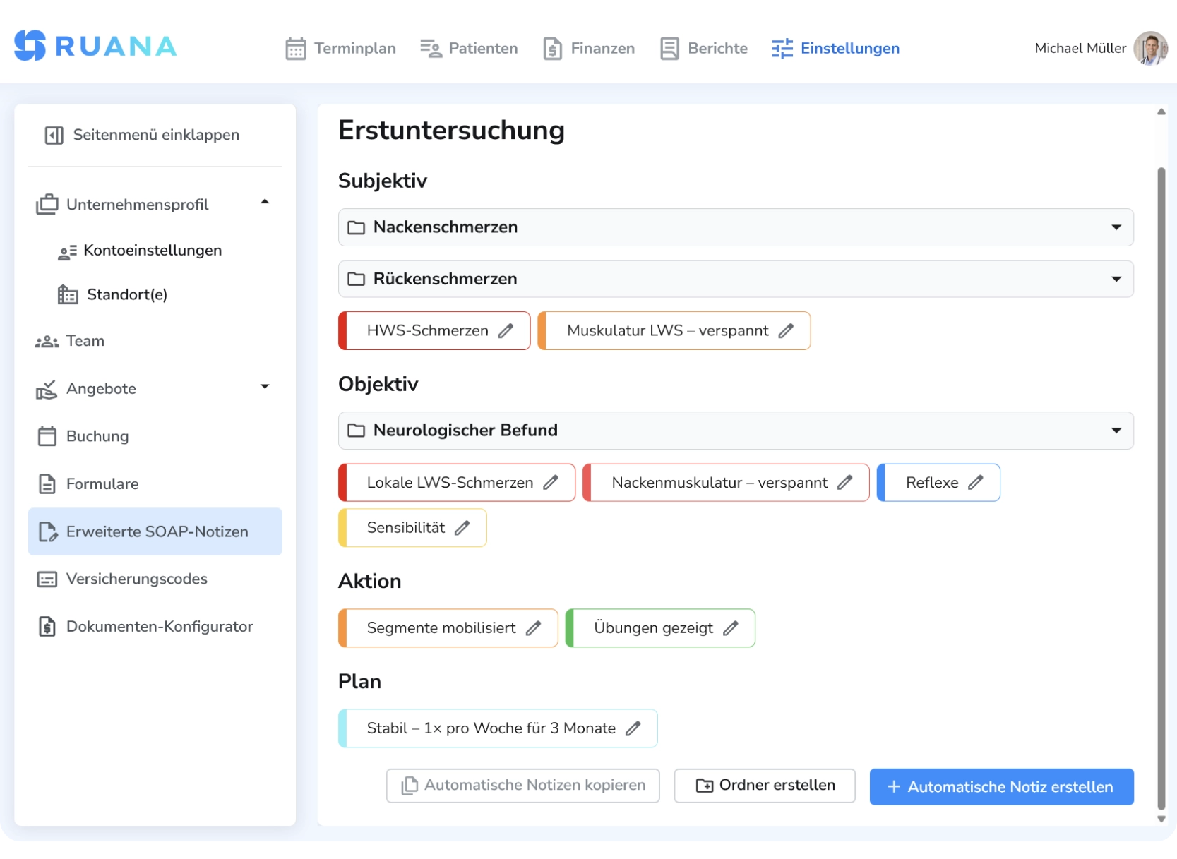 Detaillierte Befunde, Behandlungsdokumentationen & Textnotizen