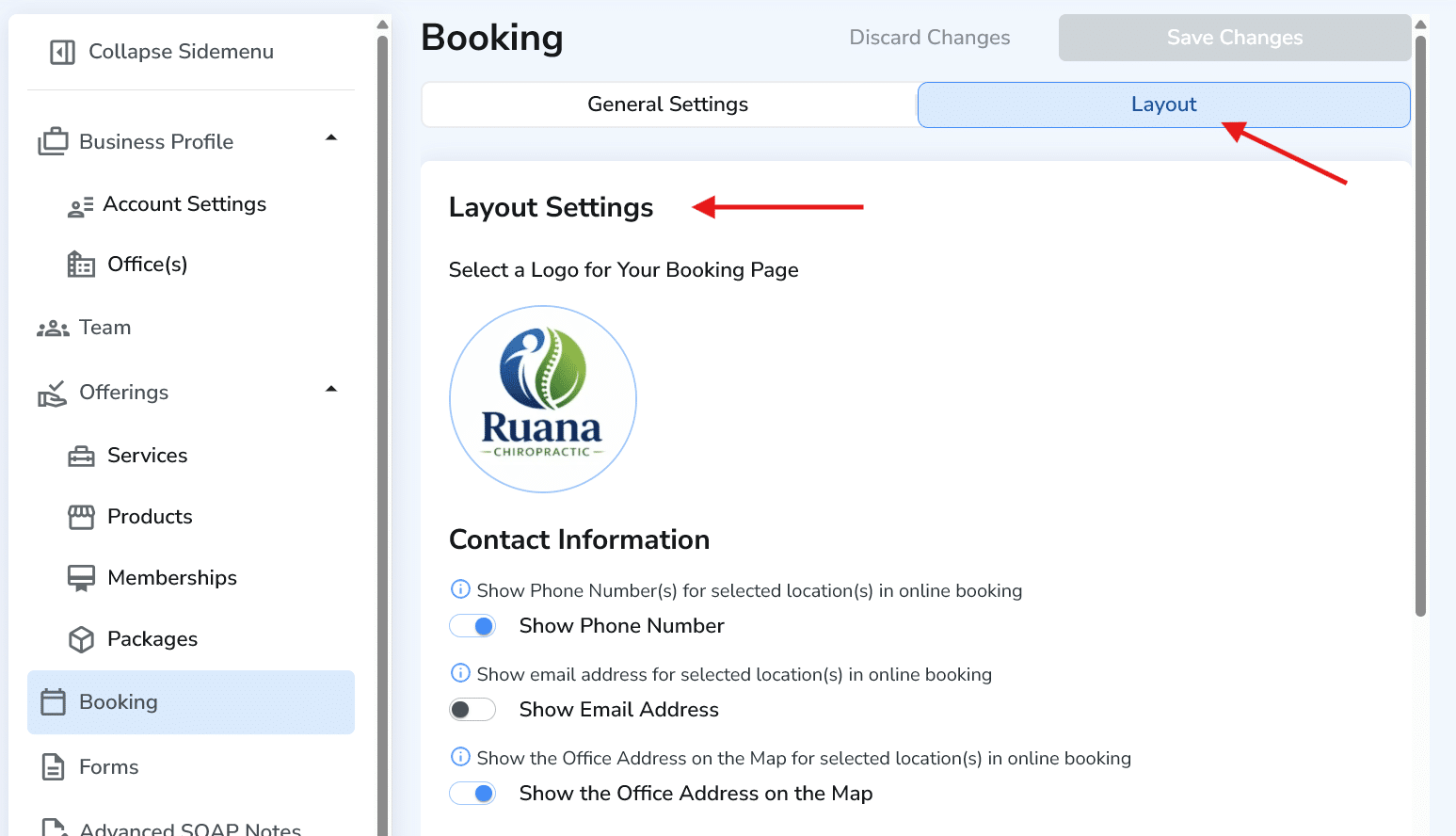 Layout Settings on booking page showing logo upload and visibility toggles