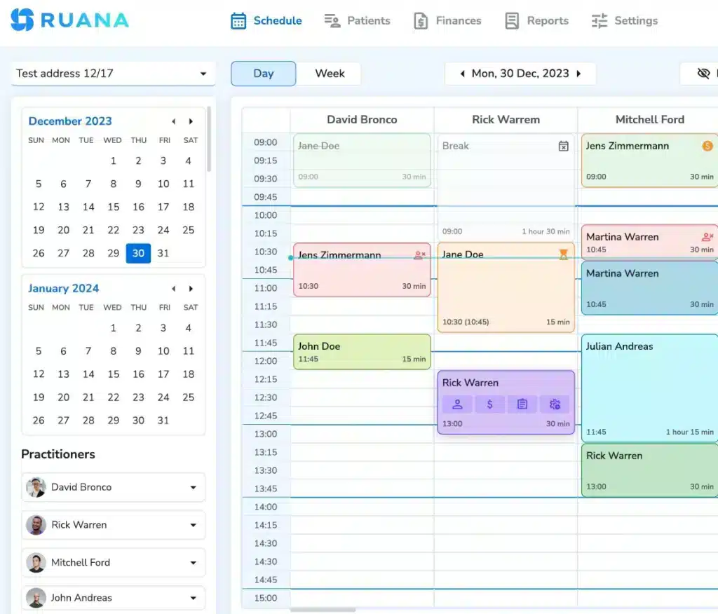 A clean, high-resolution view of the Ruana software dashboard showing a multi-practitioner calendar grid, dual-month navigation sidebar, and a practitioner list.