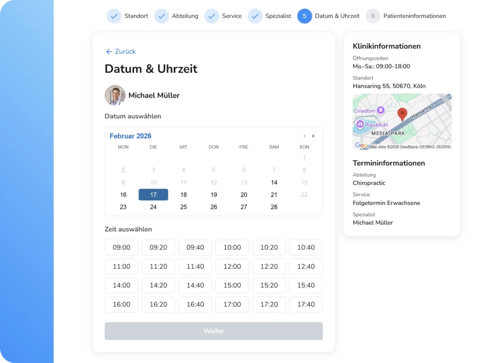 Ruana Online-Terminbuchung – Kalenderansicht zur Auswahl von Datum und Uhrzeit beim Spezialisten