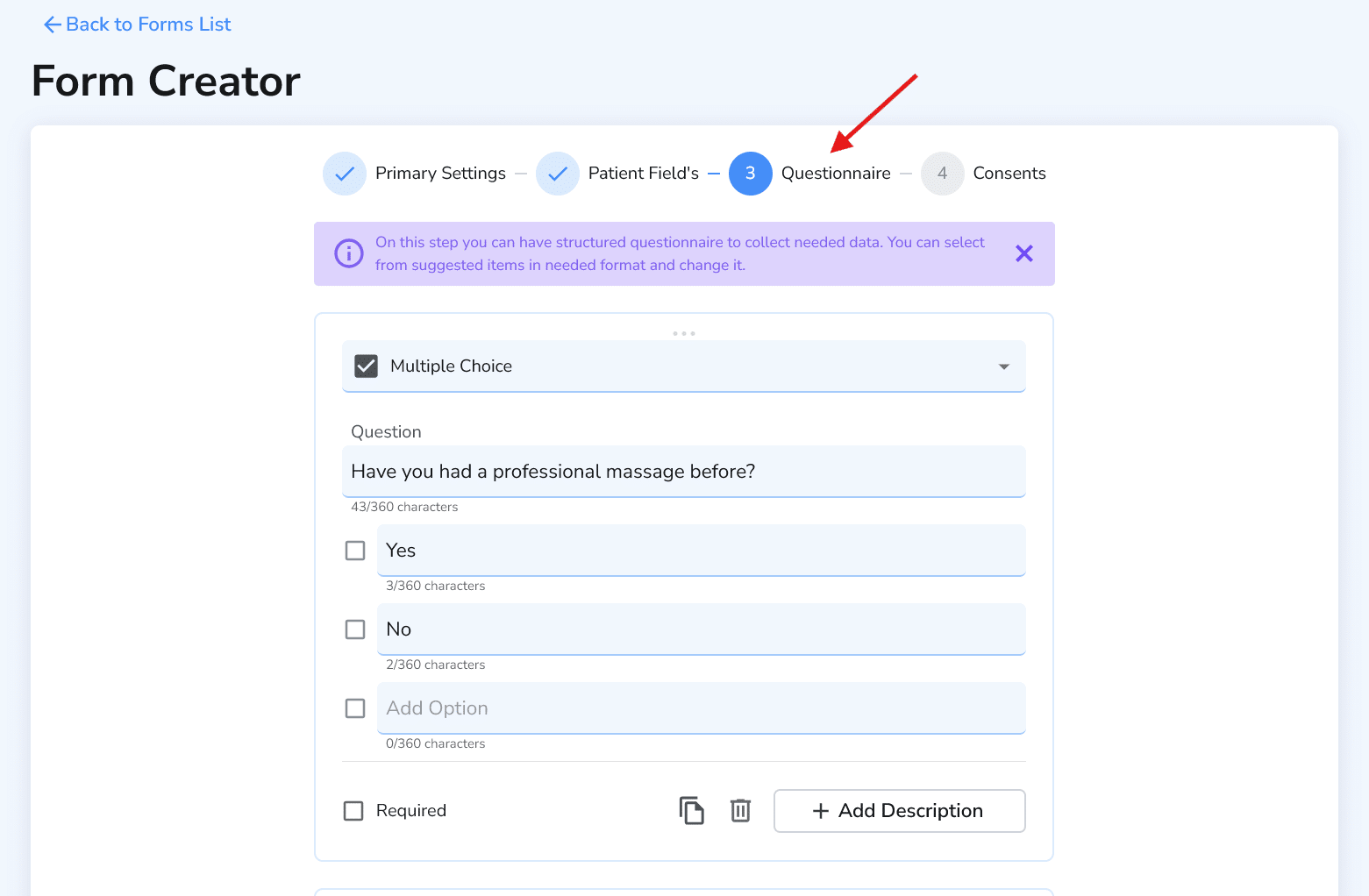 Questionnaire step showing a question with options and required toggle