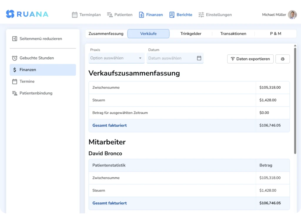 Screenshot des RUANA Finanz-Moduls mit einer Verkaufszusammenfassung, die Zwischensumme, Steuern und den Gesamtbetrag von 106.746,05 $ für den Mitarbeiter David Bronco anzeigt.