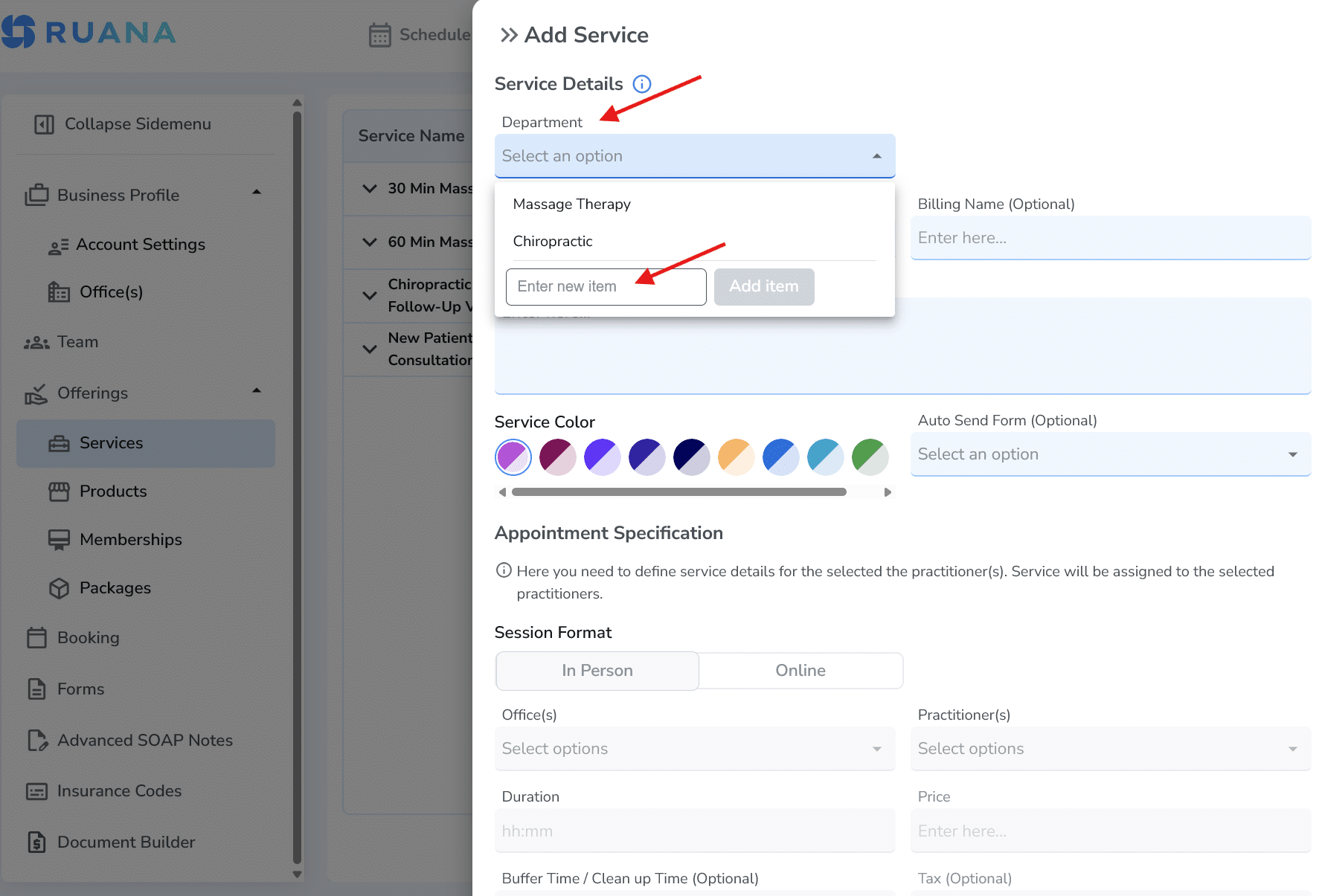 Creating a new department inside the department dropdown