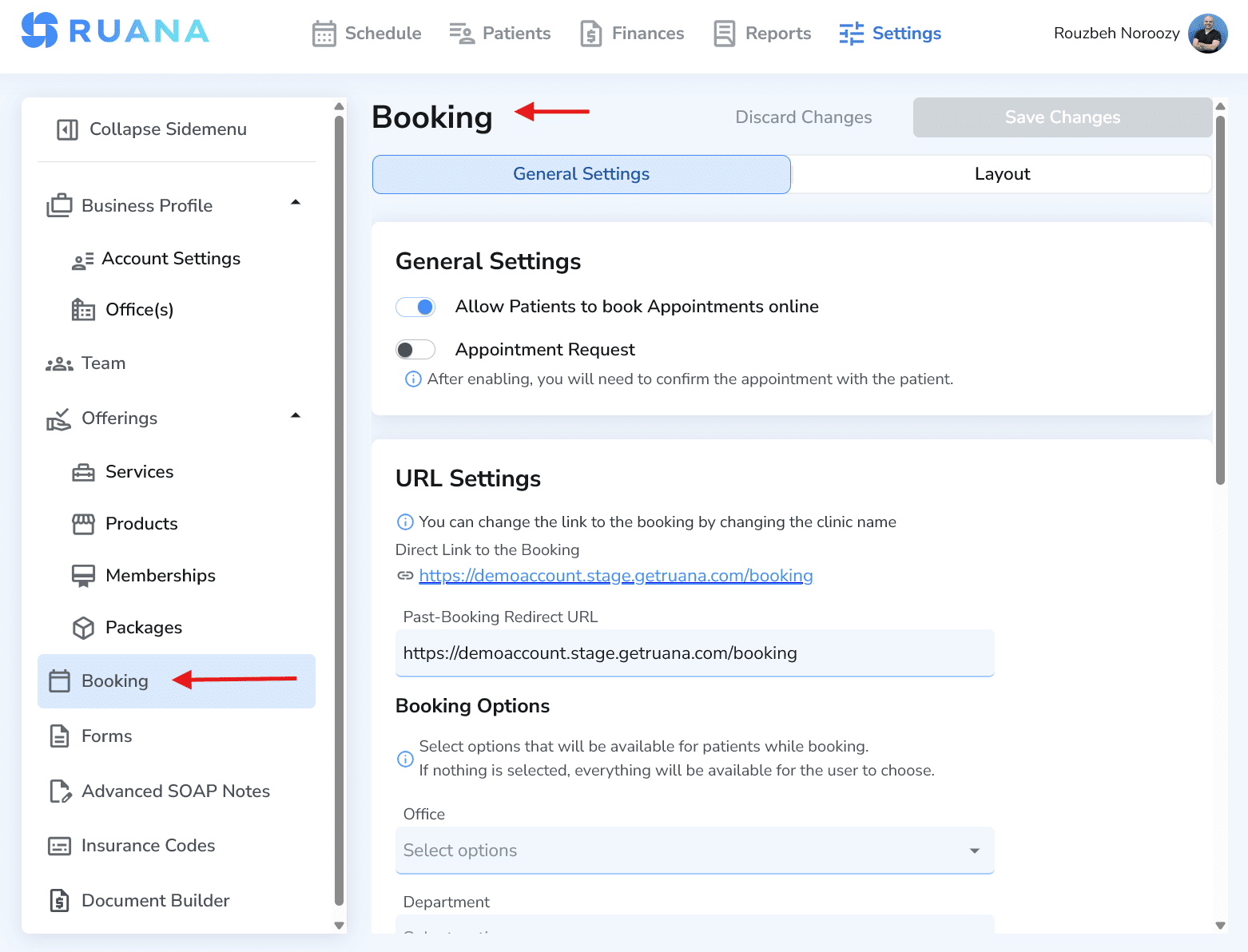 Booking Settings page in Ruana (General Settings tab)