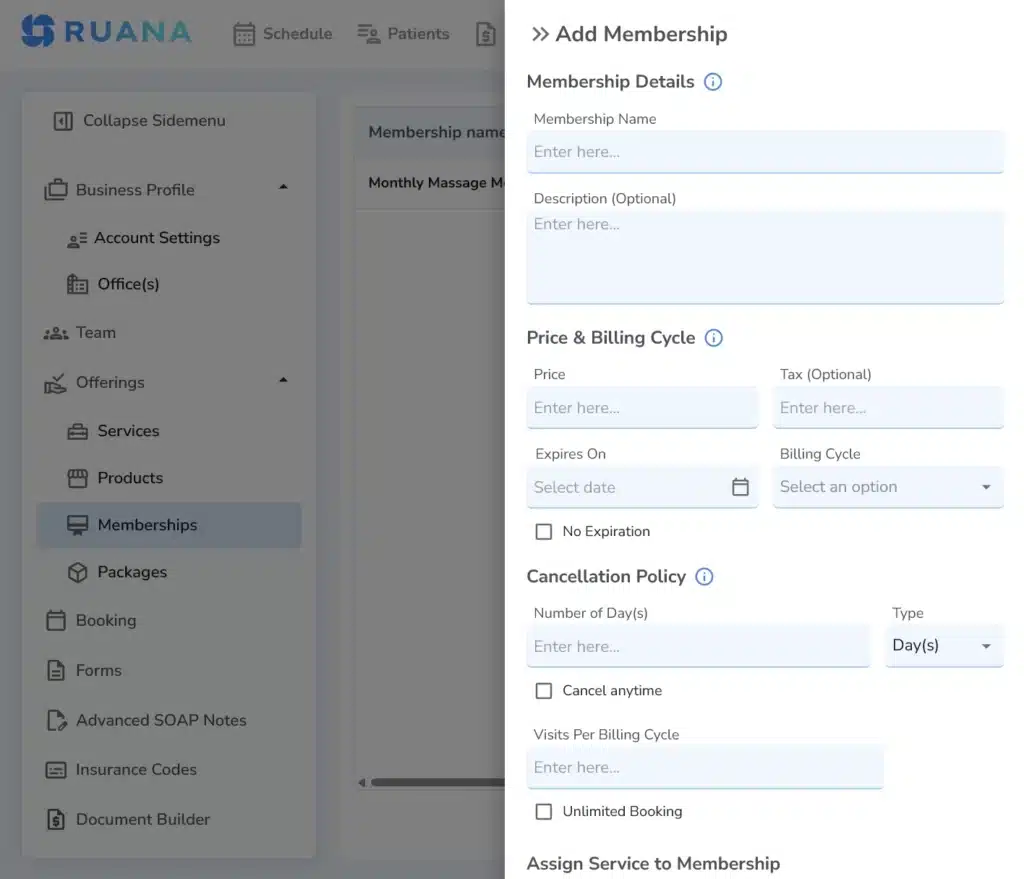 A digital form in Ruana titled "Add Membership" showing sections for Membership Details, Price & Billing Cycle, and Cancellation Policy.