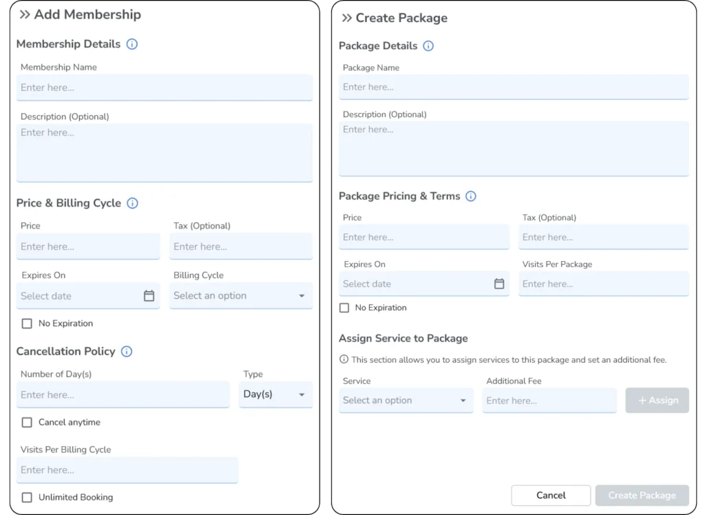 A side-by-side view of two digital forms in Ruana: "Add Membership" on the left and "Create Package" on the right, both featuring fields for names, pricing, and expiration dates.