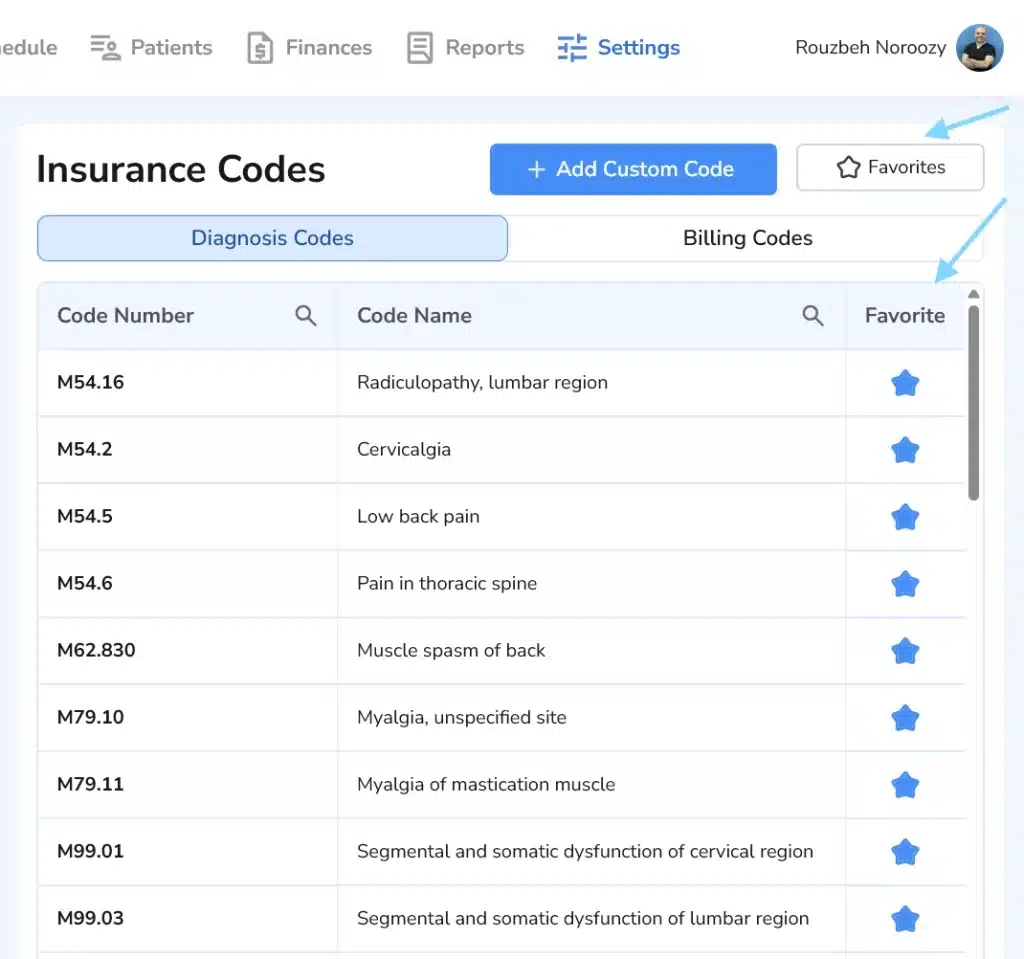 A digital library in Ruana titled "Insurance Codes" displaying a list of ICD-10 diagnosis codes like M54.16 for Radiculopathy and M54.2 for Cervicalgia with star icons for favorites.