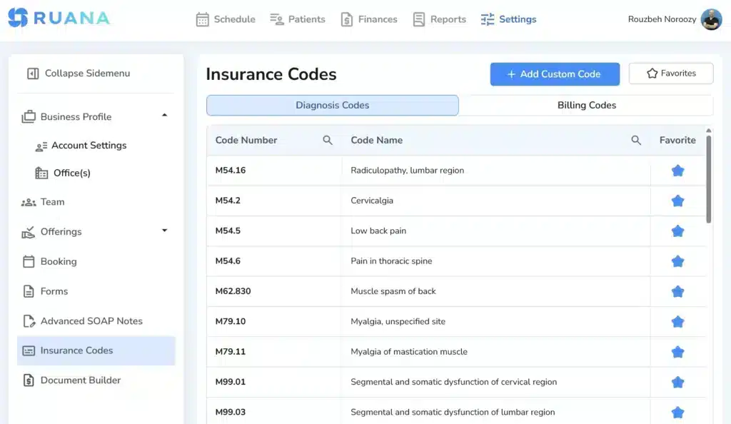 A digital table in Ruana software titled "Insurance Codes" with the "Diagnosis Codes" tab selected, showing a list of ICD-10 codes like M54.5 for Low Back Pain.
