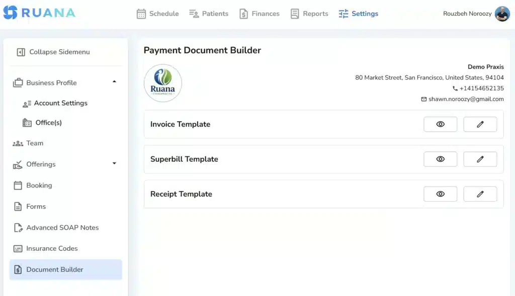 A digital dashboard in Ruana titled "Payment Document Builder" showing a clinic logo for Ruana Chiropractic and options to view or edit templates for Invoices, Superbills, and Receipts.