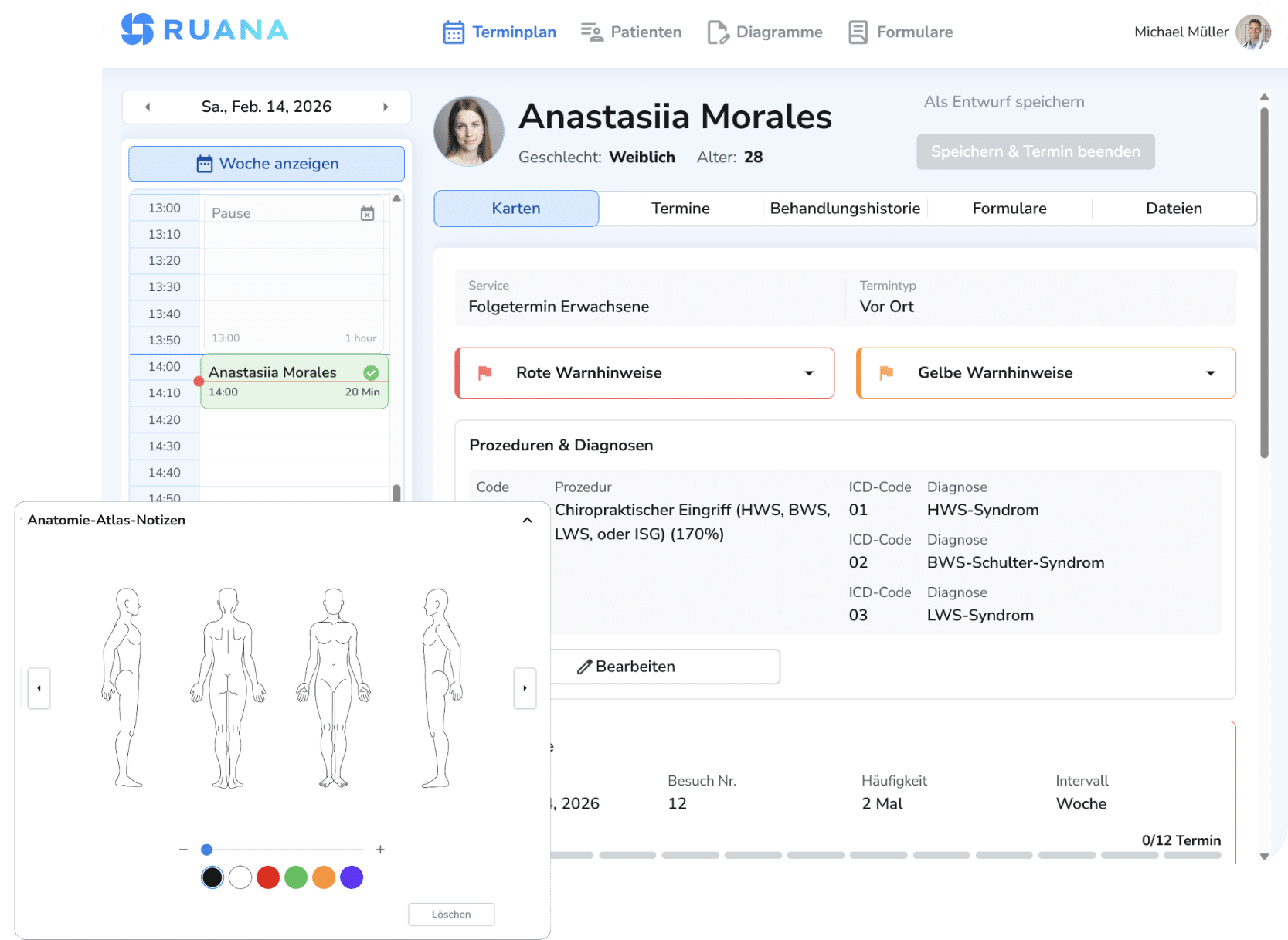 Die RUANA-Softwareoberfläche zeigt die Patientenakte von Anastasiia Morales mit Informationen zu einem Folgetermin, Diagnosen wie HWS-Syndrom und einem Zeitplan auf der linken Seite.