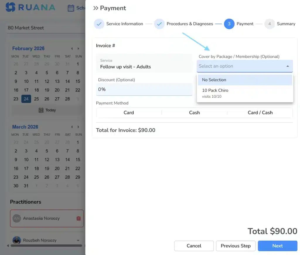 A digital payment screen in Ruana titled "Payment" showing an optional dropdown menu to cover an invoice using a "10 Pack Chiro" with 10/10 visits remaining.