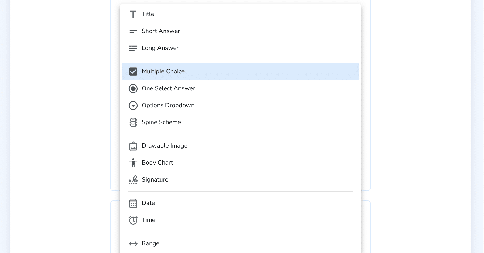 Question type menu showing multiple choice, short answer, long answer, body chart, signature, and more