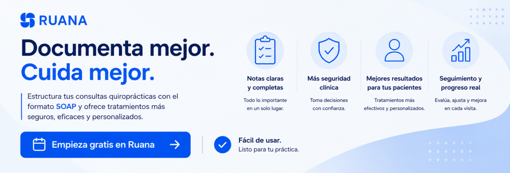 Banner horizontal en tonos azules de Ruana con el mensaje “Documenta mejor. Cuida mejor.” acompañado de iconos clínicos y beneficios relacionados con notas SOAP y seguimiento de pacientes.