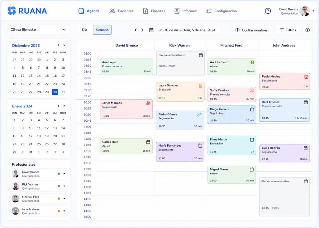 Agenda semanal en software quiropráctico con citas codificadas por colores y gestión digital de pacientes