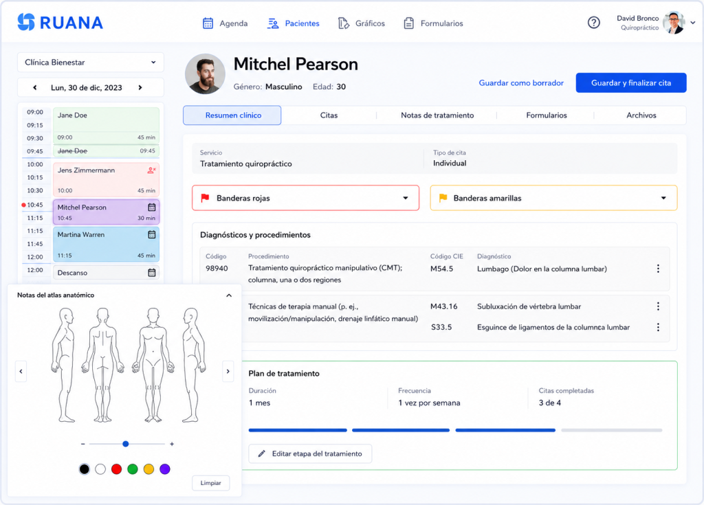 Historial clínico digital en software quiropráctico con notas de tratamiento, diagnósticos y seguimiento de pacientes