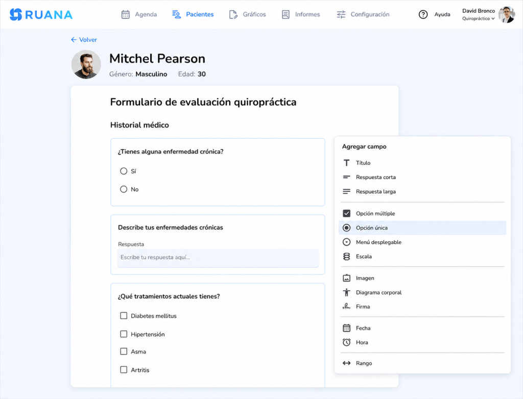 Creador de formularios de admisión en software quiropráctico con campos personalizables e historial médico digital