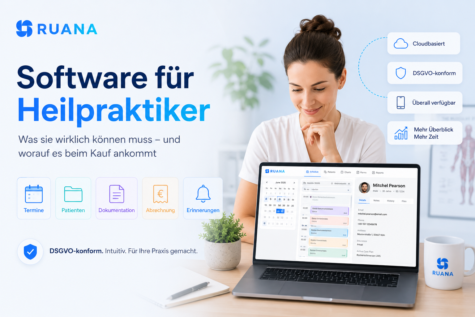 Heilpraktikerin arbeitet mit moderner Praxissoftware Ruana auf einem Laptop – digitale Patientenakte, Terminplanung, Dokumentation und DSGVO-konforme Praxisverwaltung
