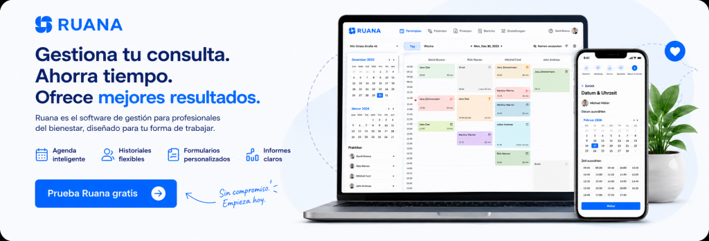 Banner promocional de Ruana en español que muestra una plataforma de gestión para consultas de bienestar. La imagen destaca funciones como agenda inteligente, historiales flexibles, formularios personalizados e informes claros, junto a una llamada a la acción para probar Ruana gratuitamente.