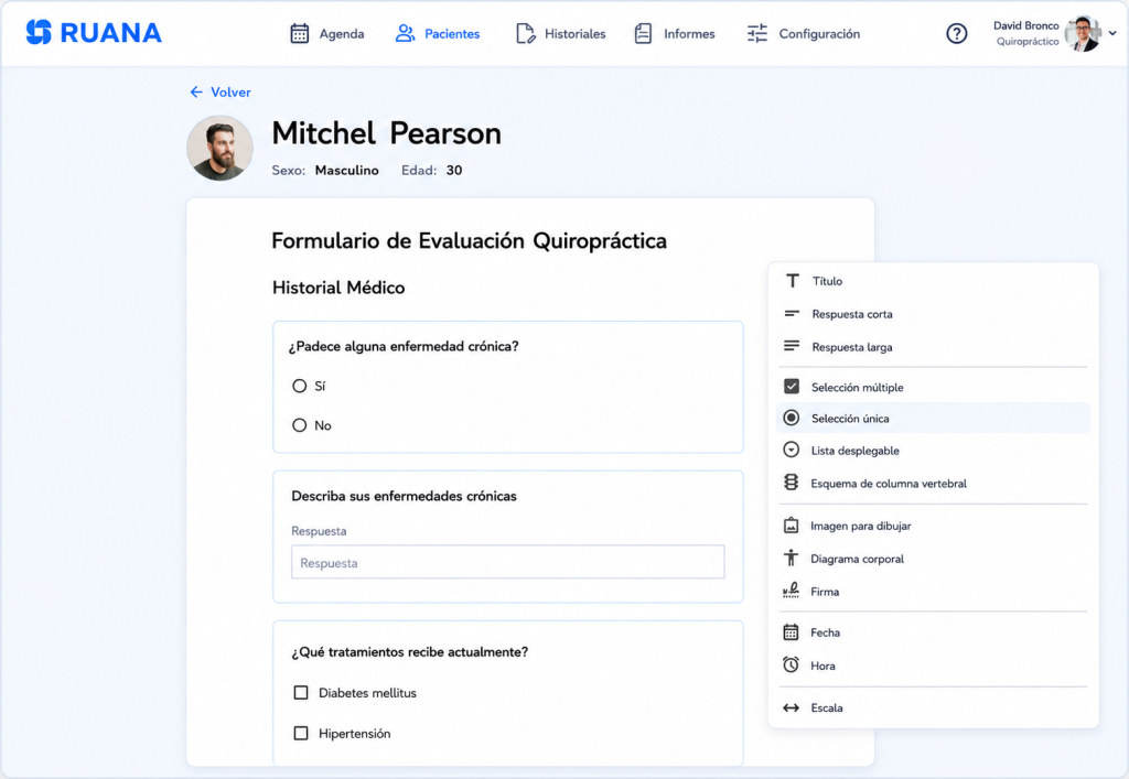 Captura de pantalla de Ruana mostrando un formulario digital de evaluación sanitaria en español. La interfaz incluye preguntas médicas, campos de respuesta, opciones de selección y herramientas para crear formularios personalizados para pacientes.
