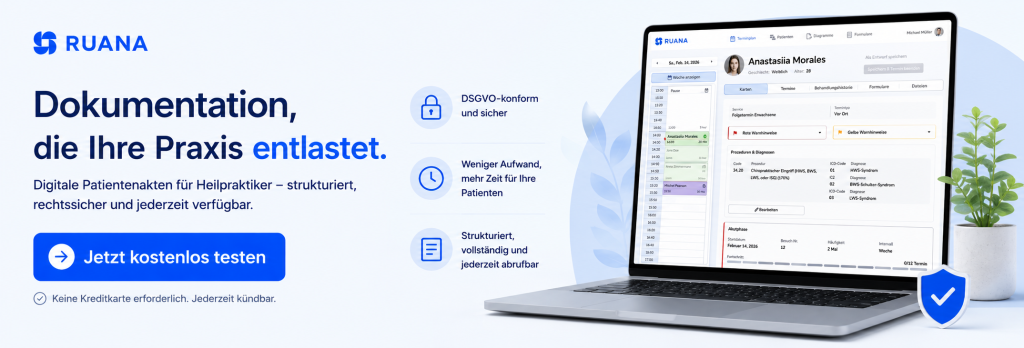 CTA-Banner von Ruana für Heilpraktiker mit Laptop-Darstellung der digitalen Patientenakte. Die Grafik bewirbt strukturierte, rechtssichere und jederzeit verfügbare Dokumentation sowie eine kostenlose Testversion der Praxissoftware.