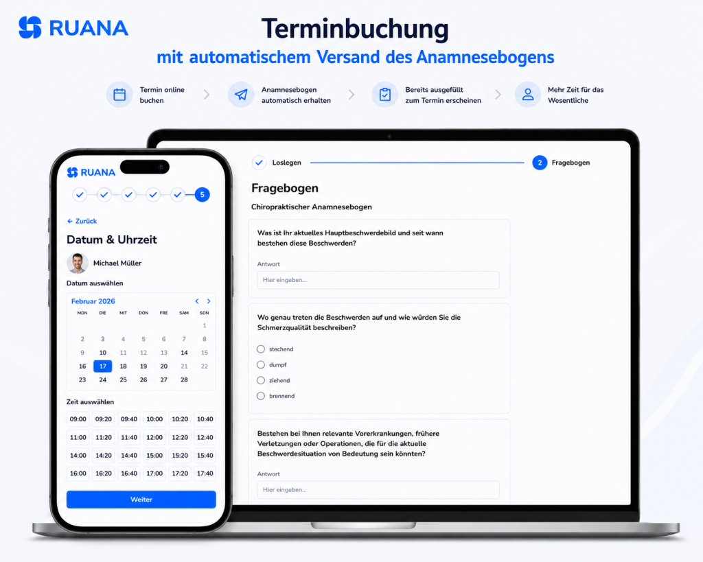 Ruana zeigt die Online-Terminbuchung mit automatischem Versand eines digitalen Anamnesebogens. Auf Laptop und Smartphone werden der Buchungsprozess und das digitale Patientenformular dargestellt.