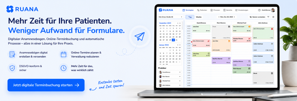 CTA-Banner von Ruana mit digitalem Terminplaner auf einem Laptop. Die Grafik bewirbt die digitale Terminbuchung, den automatischen Versand von Anamnesebögen und eine effizientere Praxisverwaltung für Heilpraktiker und Gesundheitsberufe.