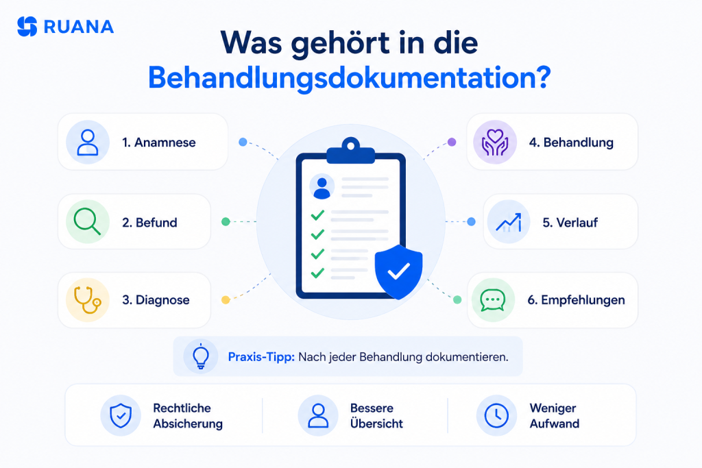 Infografik von Ruana zur Behandlungsdokumentation für Heilpraktiker. Die Grafik zeigt die sechs wichtigsten Bestandteile einer vollständigen Patientenakte: Anamnese, Befund, Diagnose, Behandlung, Verlauf und Empfehlungen. Zusätzlich werden die Vorteile einer guten Dokumentation hervorgehoben.