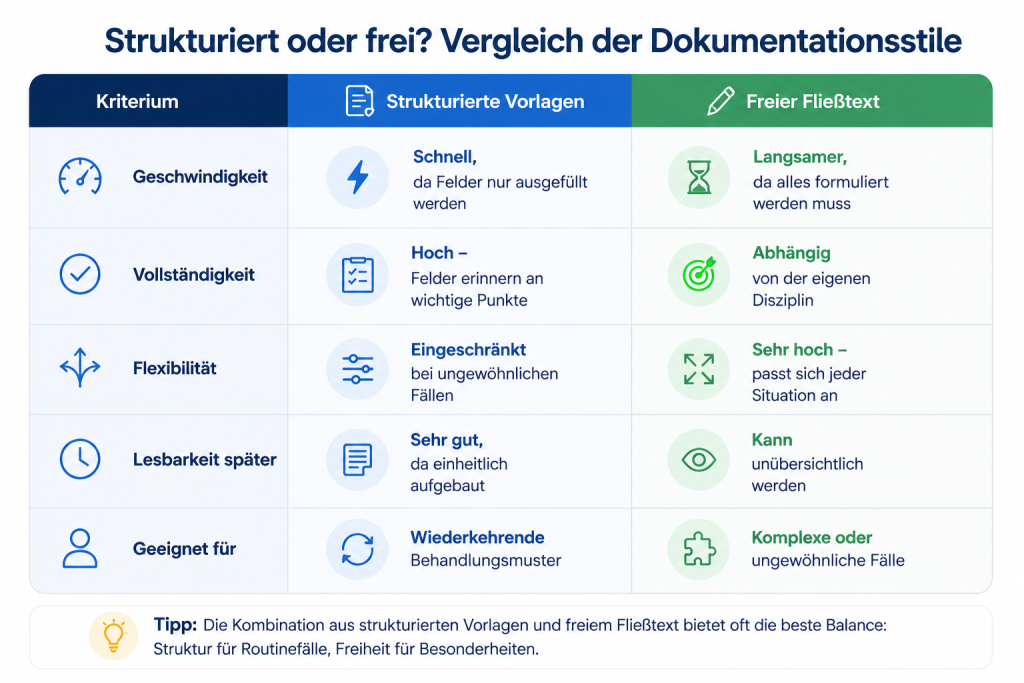 Infografik von Ruana, die strukturierte Dokumentationsvorlagen und freien Fließtext gegenüberstellt. Die Grafik vergleicht beide Methoden anhand von Geschwindigkeit, Vollständigkeit, Flexibilität, späterer Lesbarkeit und Eignung für verschiedene Behandlungssituationen.