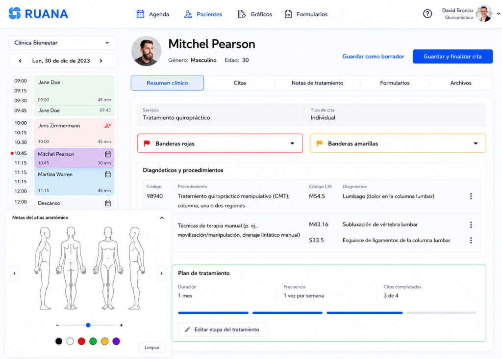 Captura de pantalla de Ruana en español mostrando la ficha digital de un cliente con historial de citas, diagnósticos, plan de tratamiento, formularios y notas clínicas organizadas en una única vista.