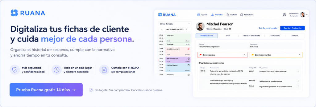 Banner promocional de Ruana en español mostrando una ficha digital de cliente con historial de sesiones, datos clínicos y seguimiento de tratamientos. El diseño destaca la organización, la seguridad de los datos y la gestión profesional de clientes para masajistas y terapeutas.