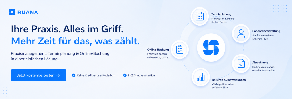 Minimalistisches Ruana-Marketingbanner in Blau- und Weißtönen. Die Grafik zeigt die wichtigsten Funktionen der Praxissoftware – Terminplanung, Online-Buchung, Patientenverwaltung, Abrechnung sowie Berichte und Auswertungen – rund um das Ruana-Logo angeordnet.