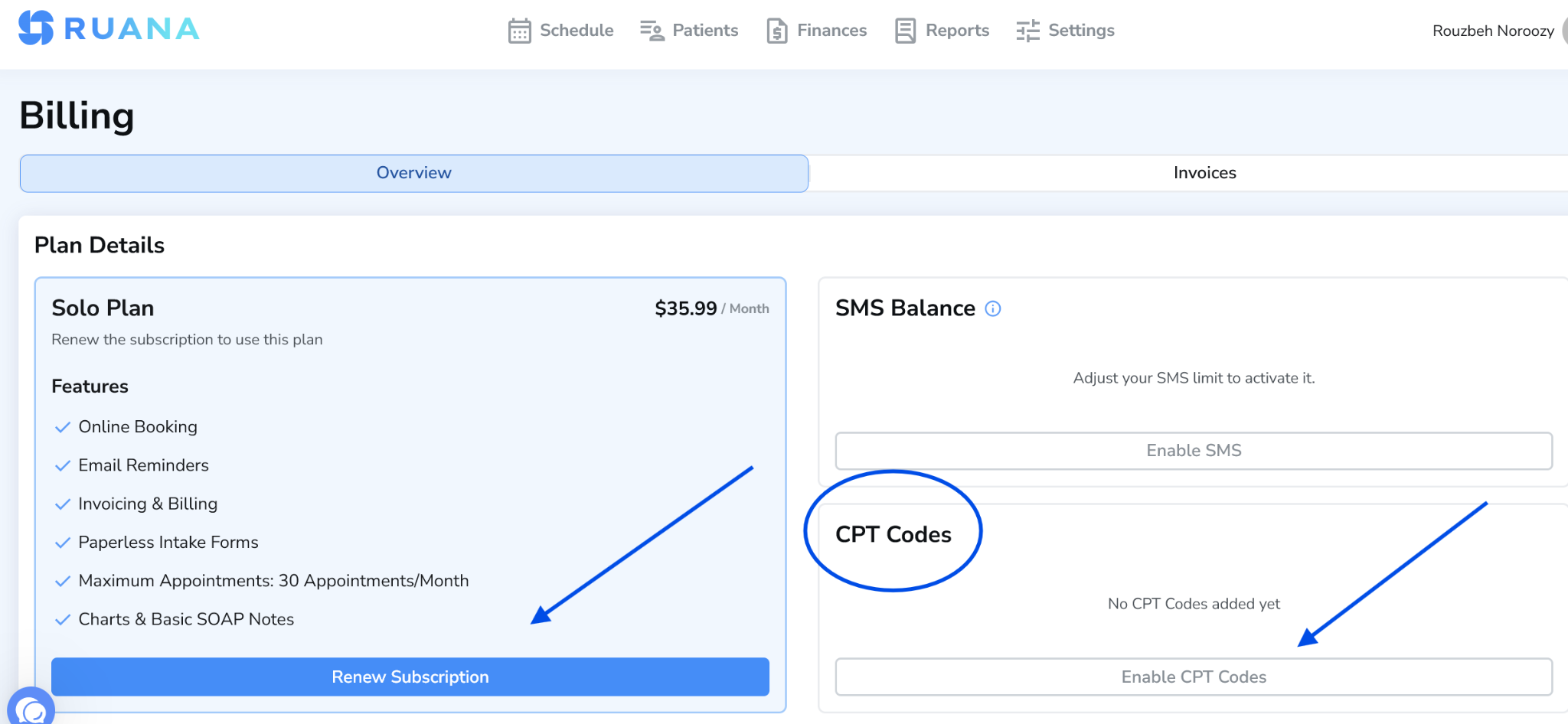 Enable CPT Codes section on the Billing page in Ruana
