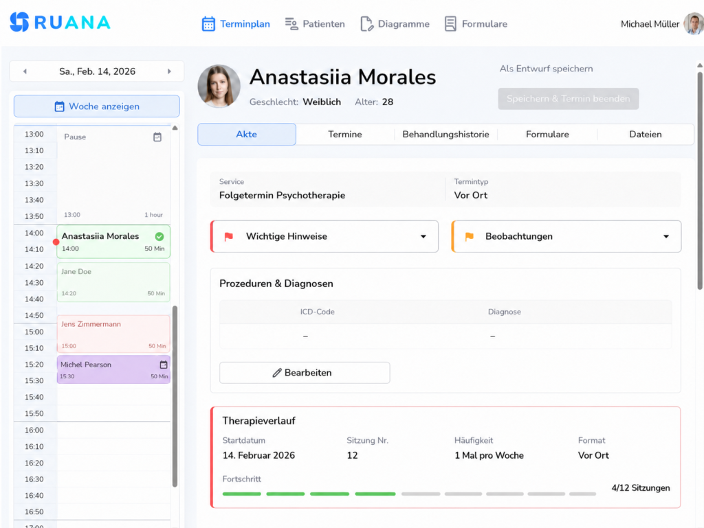 Ruana-Benutzeroberfläche mit digitaler Patientenakte für eine Heilpraktiker-Psychotherapie-Sitzung, inklusive Terminplan, Diagnosebereich und Therapieverlauf.