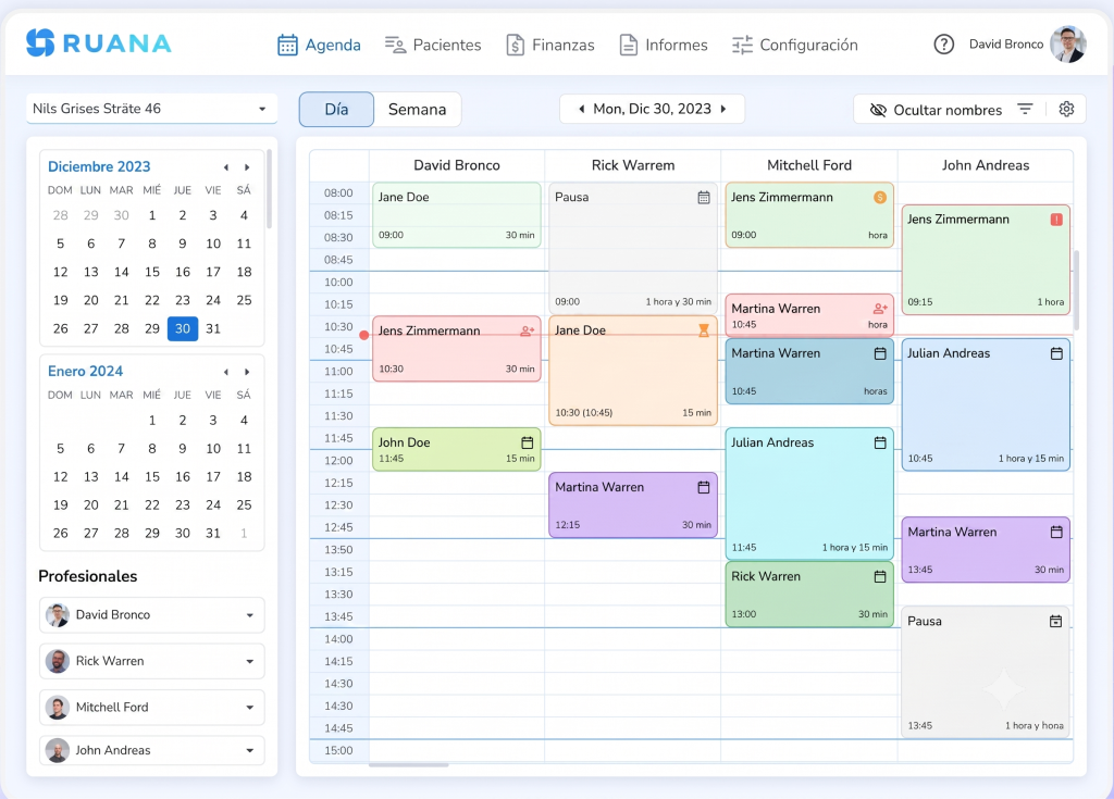 Un panel de control de programación de citas médicas para RUANA en español