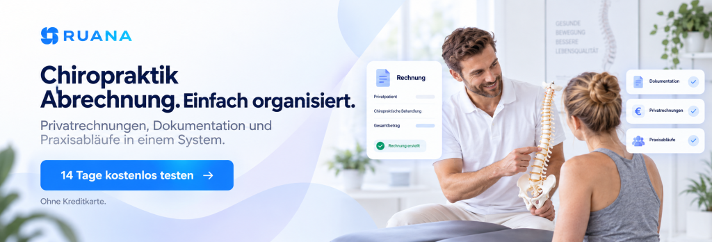 Ruana-CTA-Banner zur Chiropraktik Abrechnung mit Chiropraktiker und Patientin in einer modernen Praxis sowie Hinweisen auf Privatrechnungen, Dokumentation und Praxisabläufe.